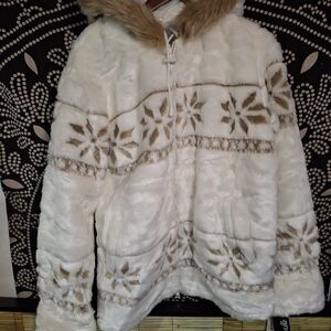 Elegant White and Tan Faux Fur Teddy Jacket